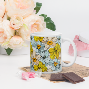 Sunlit Bloom | White Glossy Ceramic Mug | Sunny Yellow and Mint Blue Florals on White | 3 Sizes | Premium Luxe