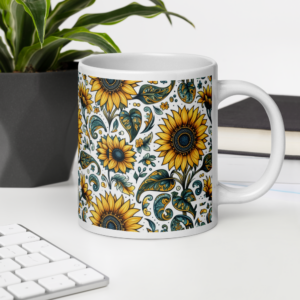 Sunflower Meadow | White Glossy Ceramic Mug | Sunny Yellow, Olive and Teal Leaf on White | 3 Sizes | Premium Luxe
