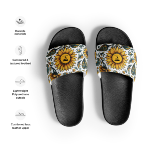 Sunflower Meadow | Women's Slide Sandles | Warm Yellow, Olive and Teal Leaf | Premium Luxe