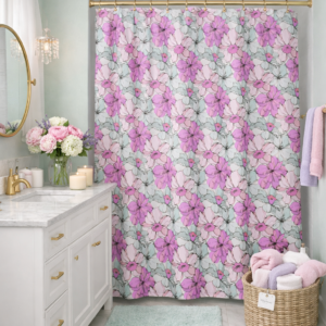 Lakeside Bloom | Shower Curtain | Violet Pink and Mint Green on White | Premium Luxe