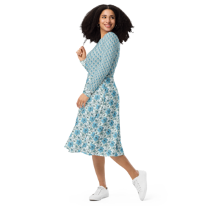 Coastal Bloom | Long Sleeve Midi Dress | Bahama Blue, Mint Green, Black on White | Sizes 2XS - XL | Plus Sizes 2XL - 6XL | Premium Luxe