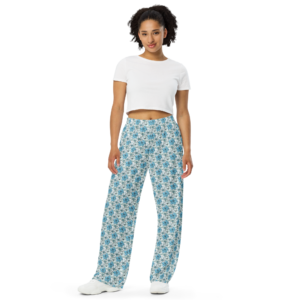 Coastal Bloom | Wide-leg Pants | Bahama blue, mint green, black on white | Sizes 2XS - XL | 2XL - 6XL | Premium Luxe
