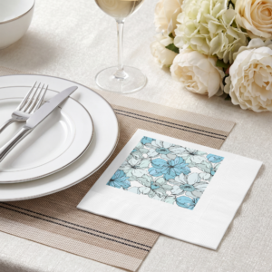 Coastal Bloom | White coined napkins Bahama blue, mint green, black on white