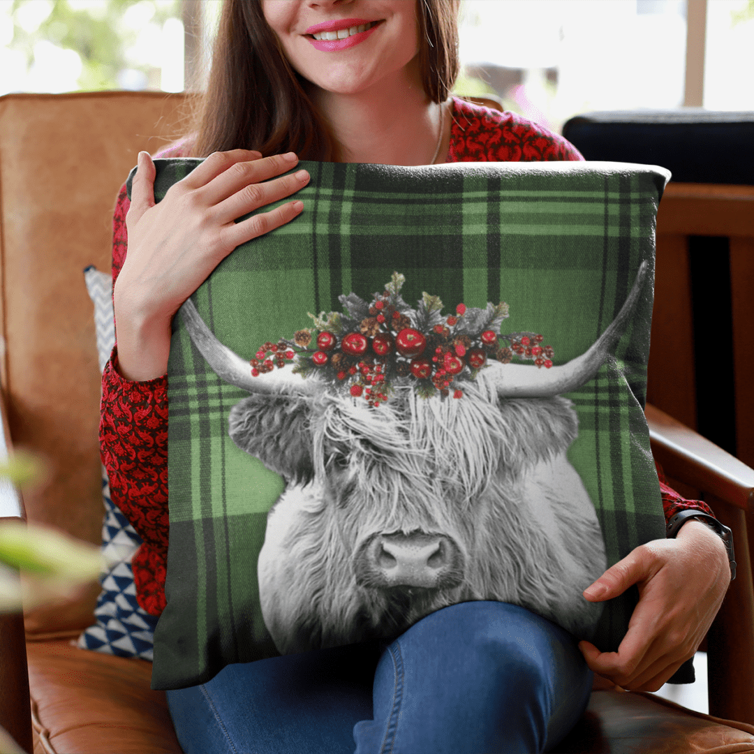 HIghland Cow Christmas-Higland Holly-Green-plaid-pillow-mockup-of-a-smiling-woman-holding-a-pillow-23605 (2)