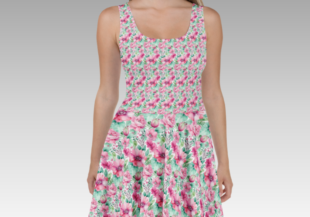 SKATER DRESS - 1- BOCHIC FUCHSIA PINK AND GREEN FLORAL