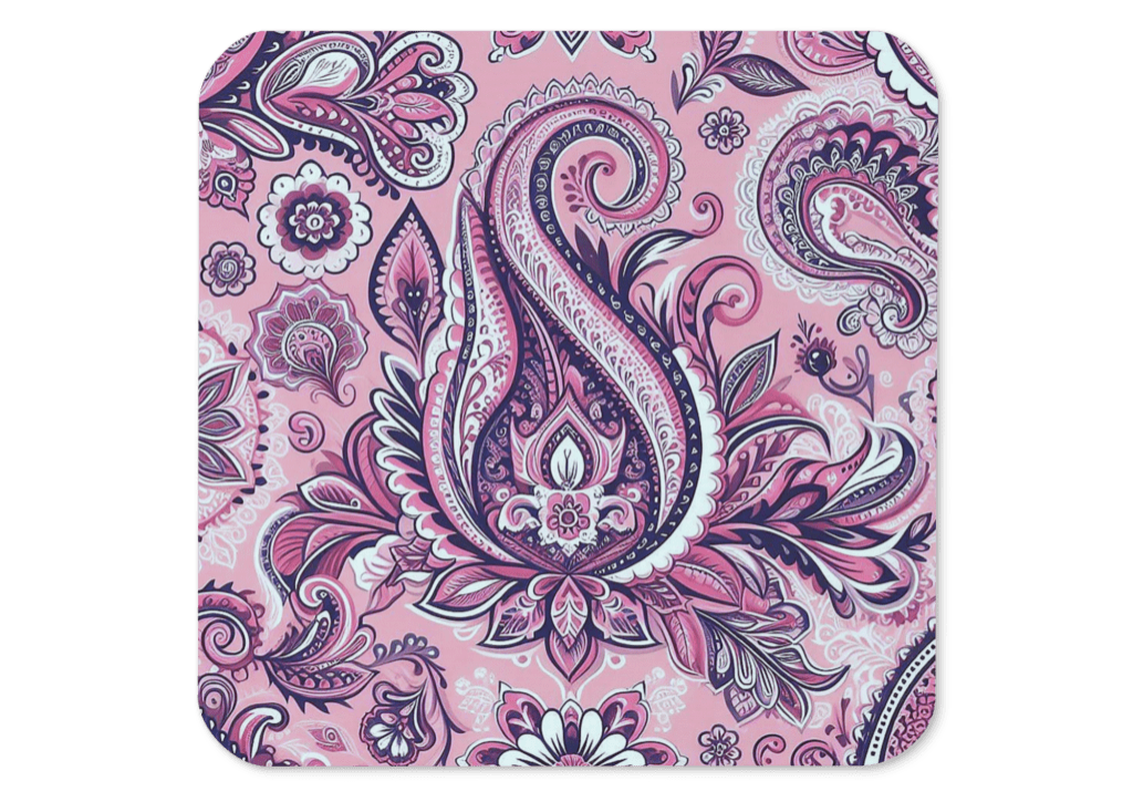 cork-back-coaster-front-660b21302e080.png Pink and purple paisley pattern coaster.